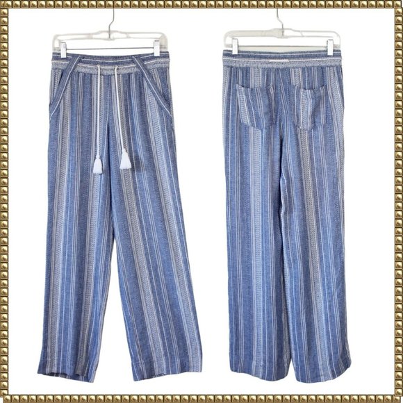 Jolt Pants - Jolt Boho Stripe Blue White Wide Leg Linen Pants S Small